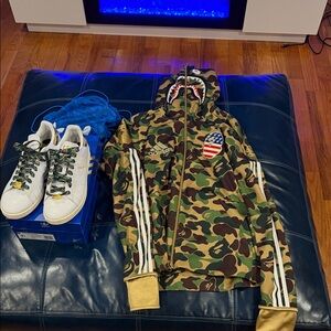 Bape Camouflage Shark Hoodie w/ Gold Accents Small and Bape Adidas sneakers 9.5